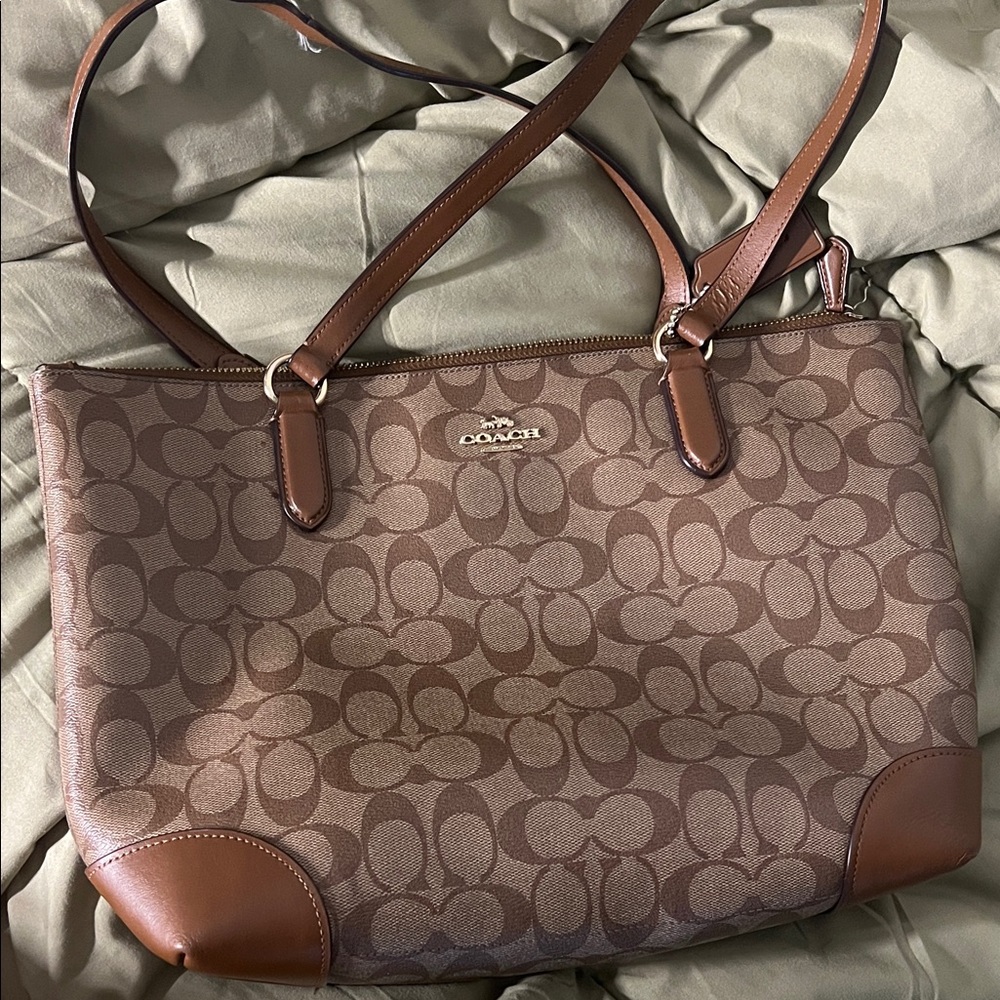 Coach Tan and Brown Signature Shoulder Bag